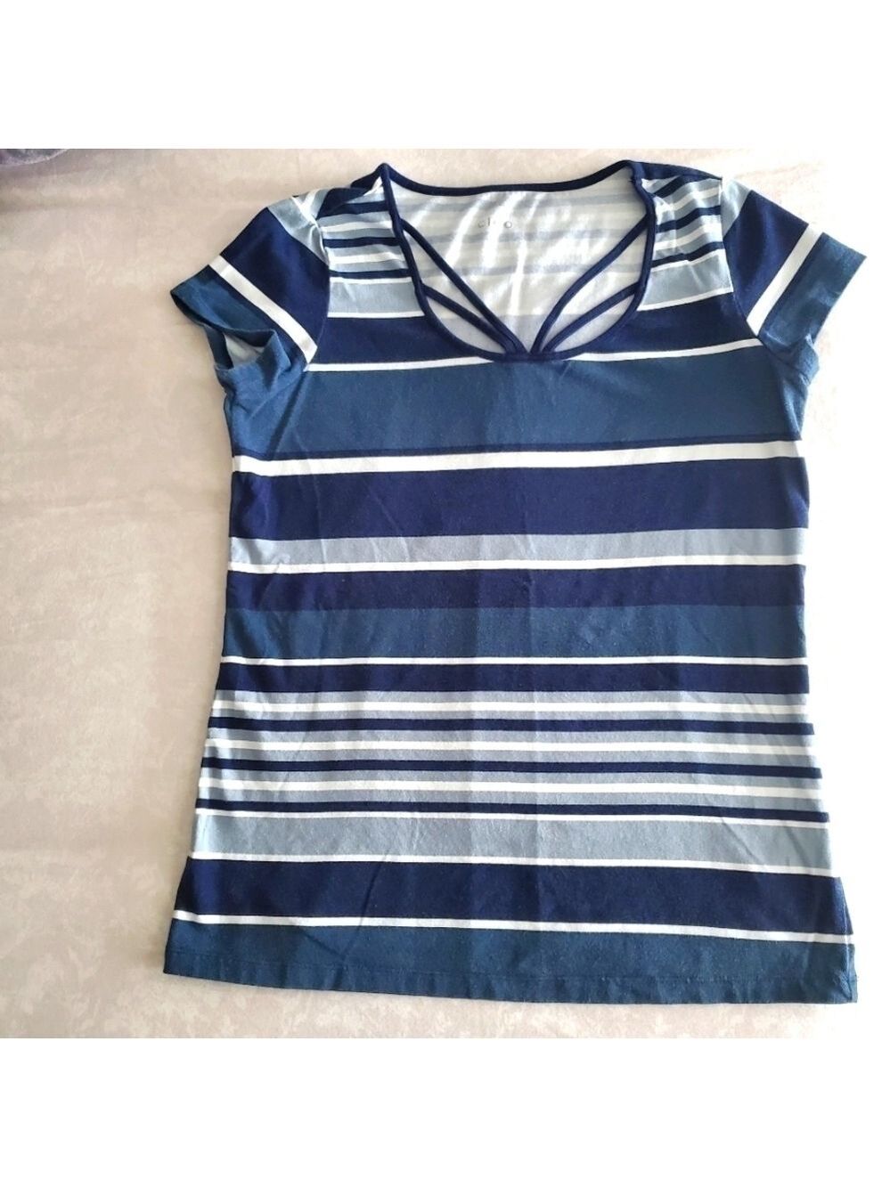 Cleo Striped T-shirt Short Sleeves Blue White Multicolored Stretch Casual Small